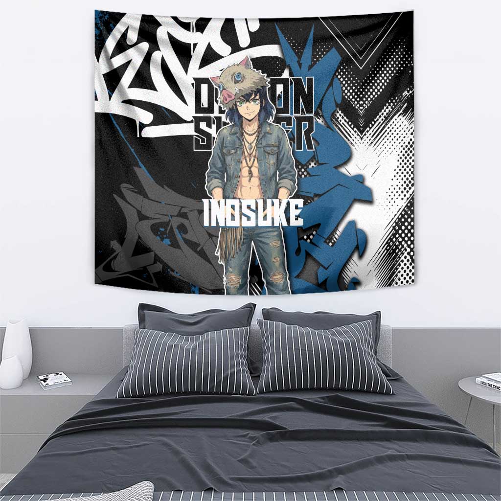 Hashibira Inosuke Demon Slayer Tapestry Blue & Black Graffiti Anime