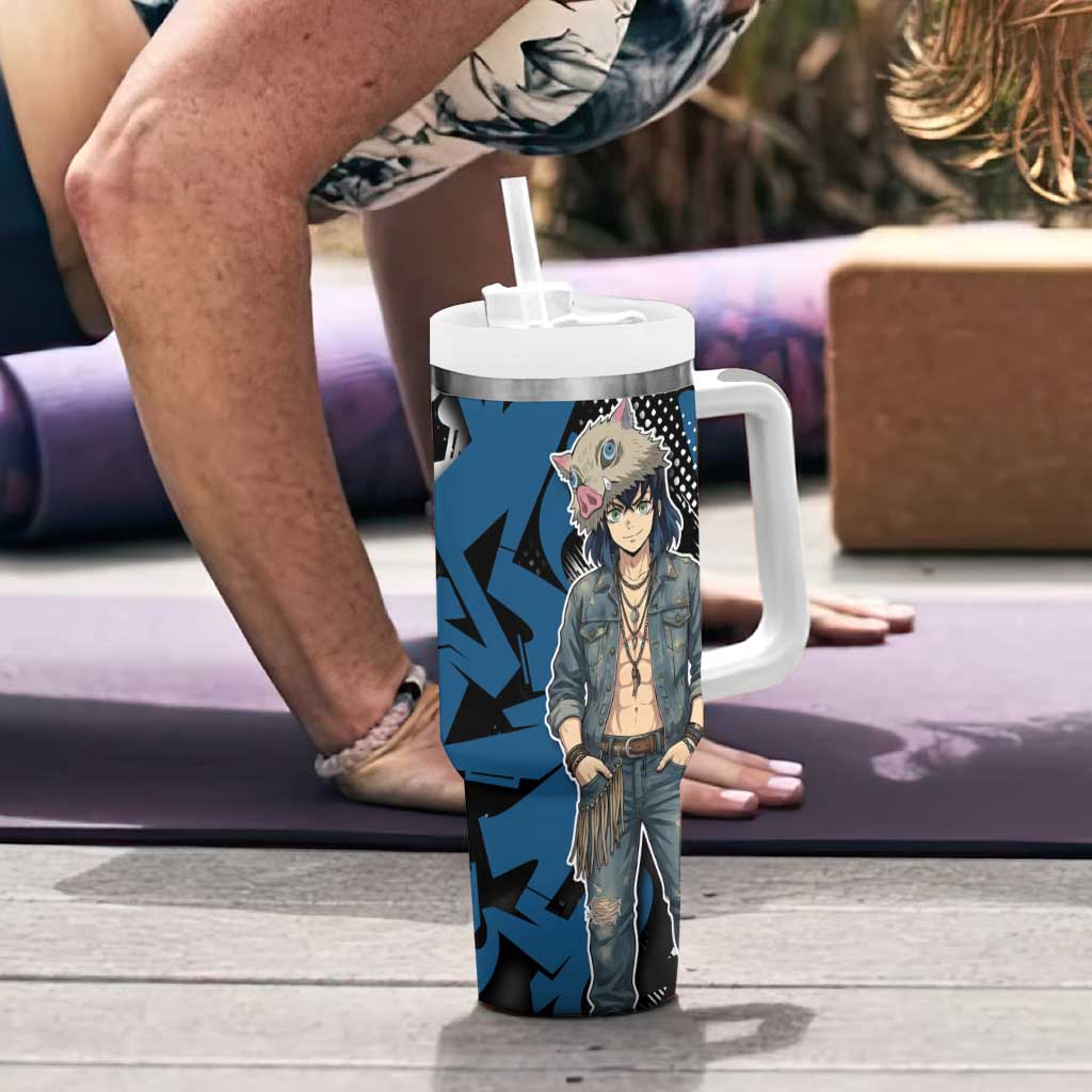 Hashibira Inosuke Demon Slayer Tumbler With Handle Blue & Black Graffiti Anime
