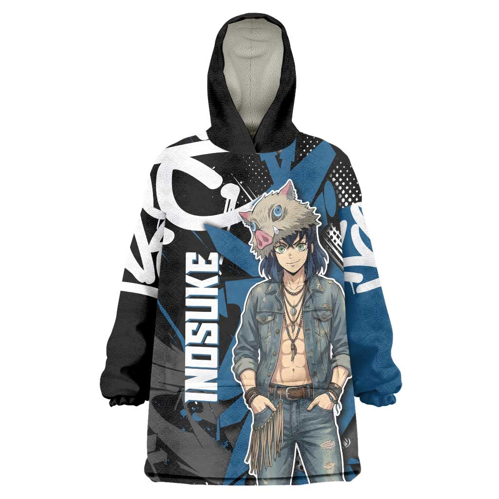 Hashibira Inosuke Demon Slayer Wearable Blanket Hoodie Blue & Black Graffiti Anime
