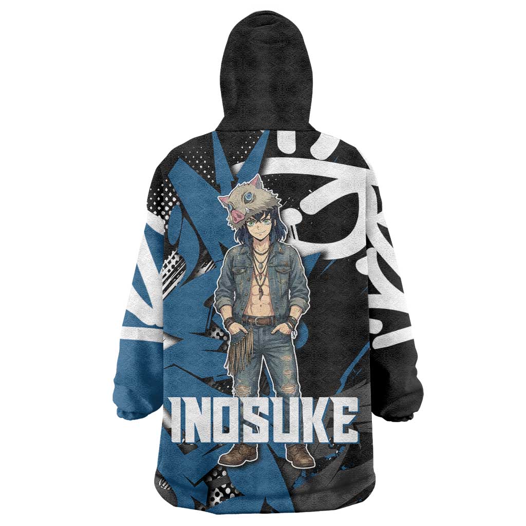 Hashibira Inosuke Demon Slayer Wearable Blanket Hoodie Blue & Black Graffiti Anime