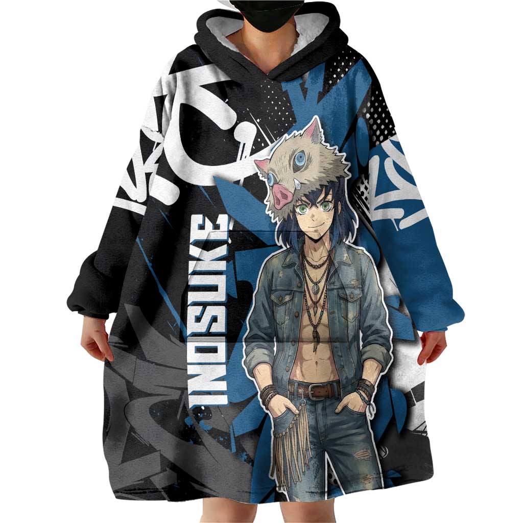 Hashibira Inosuke Demon Slayer Wearable Blanket Hoodie Blue & Black Graffiti Anime