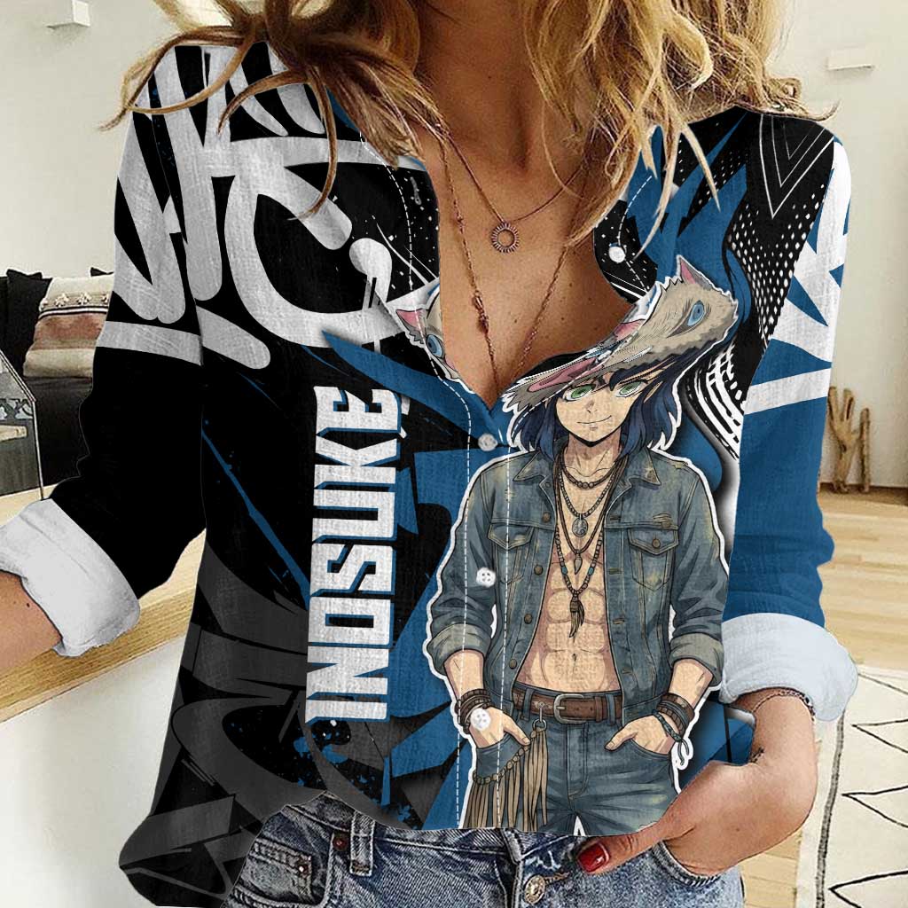 Hashibira Inosuke Demon Slayer Women Casual Shirt Blue & Black Graffiti Anime