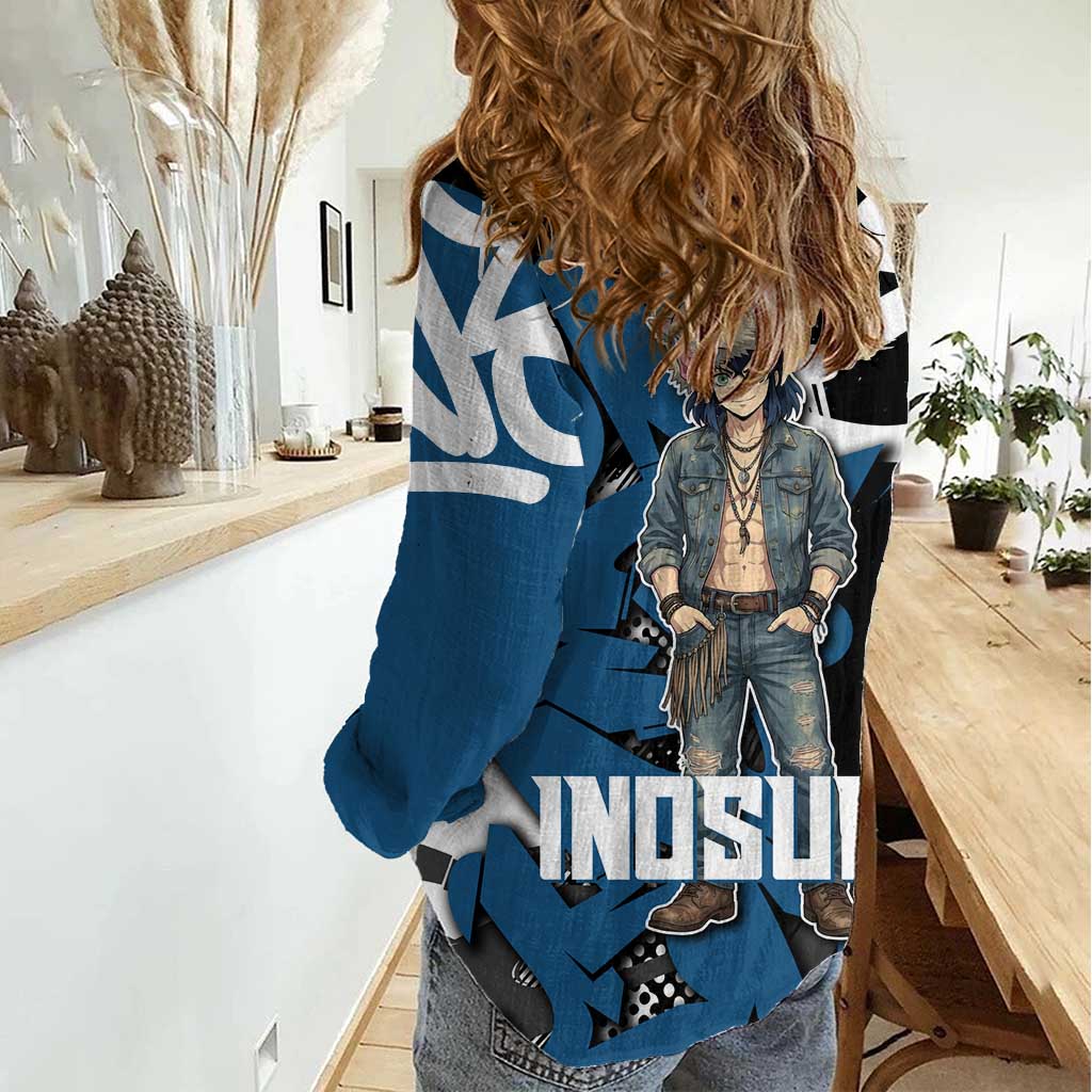 Hashibira Inosuke Demon Slayer Women Casual Shirt Blue & Black Graffiti Anime