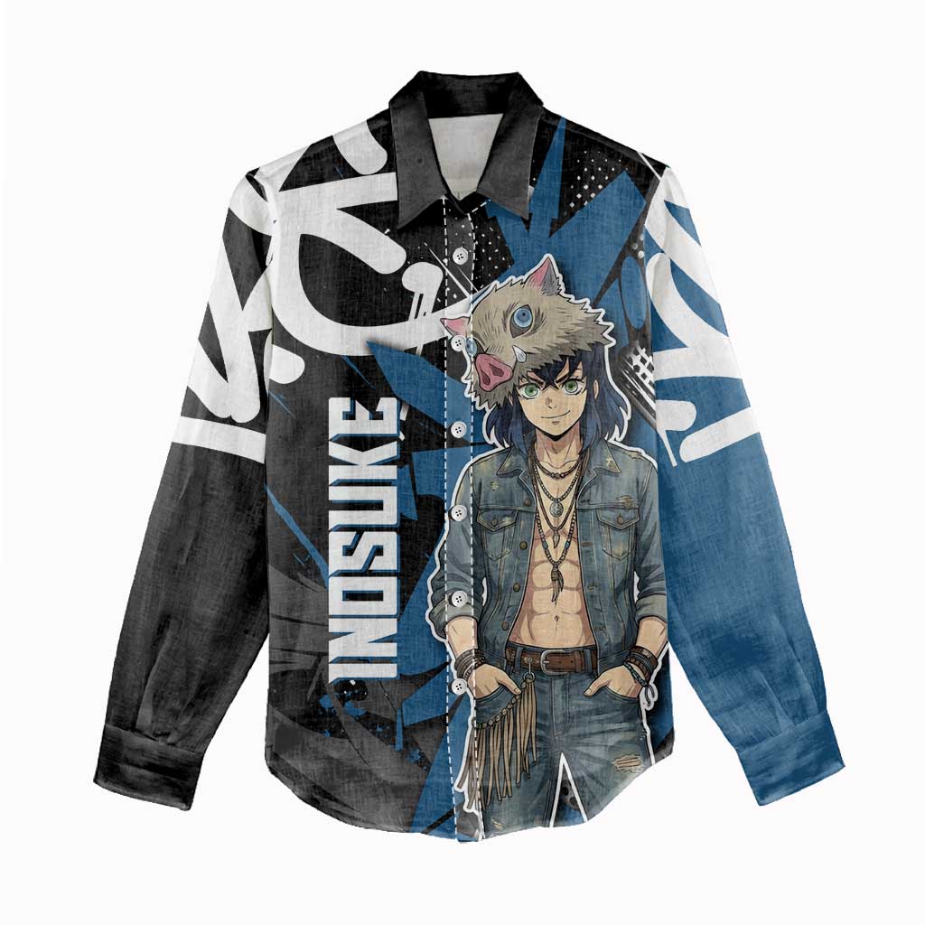 Hashibira Inosuke Demon Slayer Women Casual Shirt Blue & Black Graffiti Anime