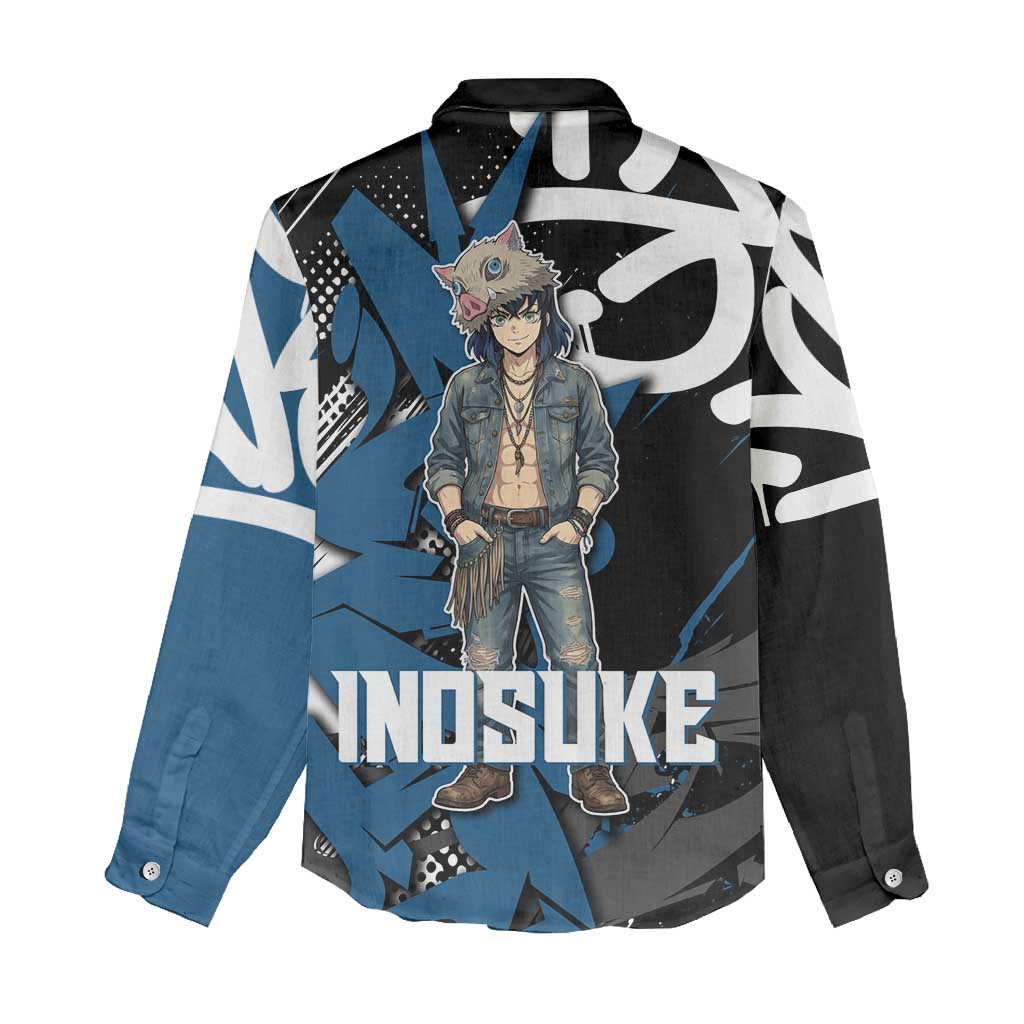 Hashibira Inosuke Demon Slayer Women Casual Shirt Blue & Black Graffiti Anime