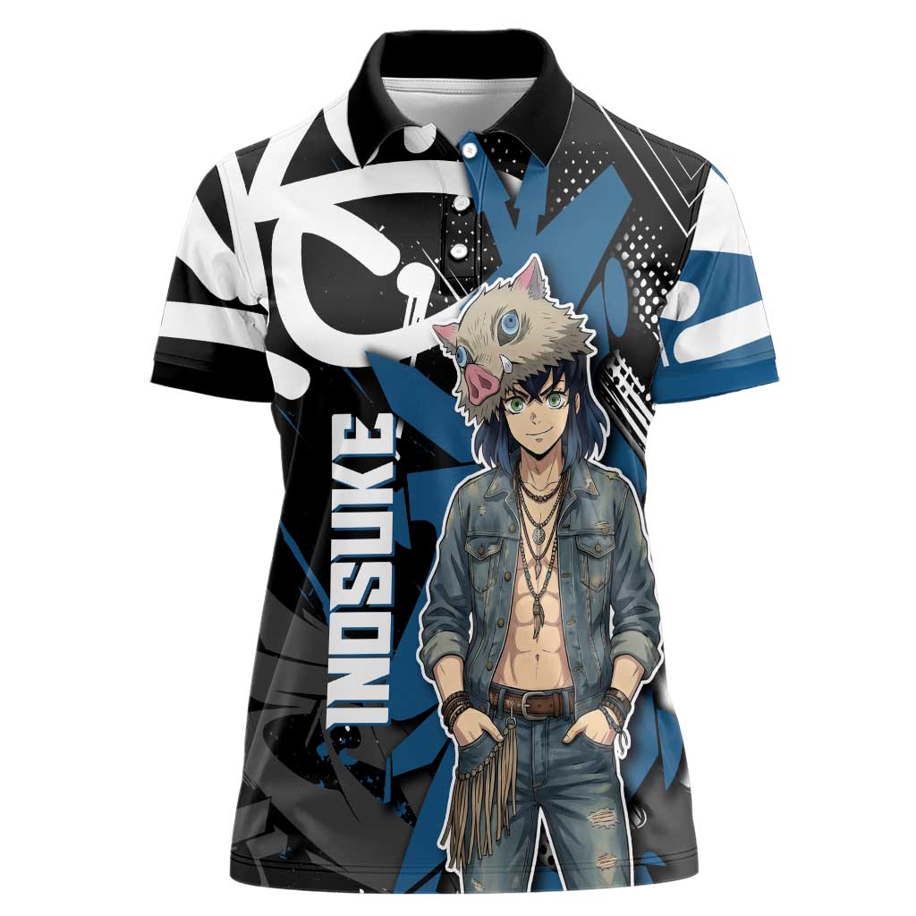 Hashibira Inosuke Demon Slayer Women Polo Shirt Blue & Black Graffiti Anime