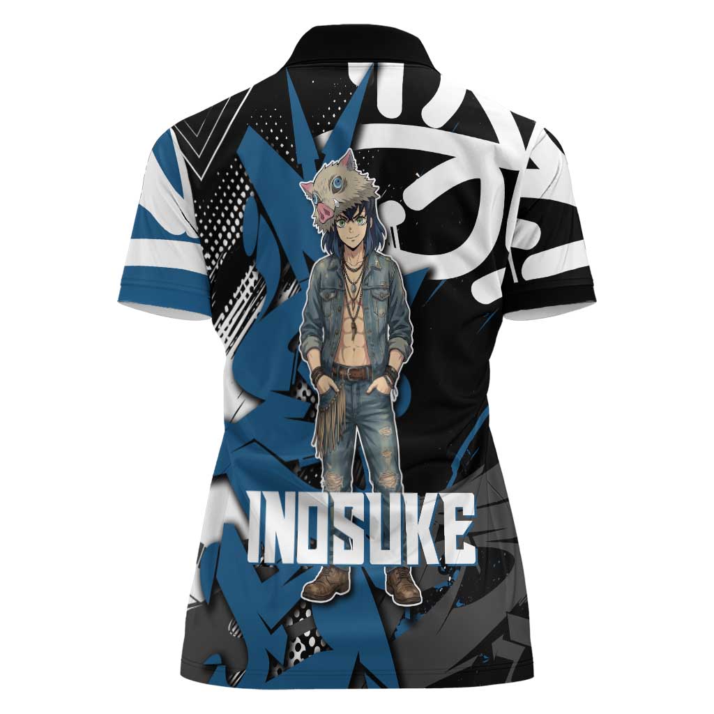 Hashibira Inosuke Demon Slayer Women Polo Shirt Blue & Black Graffiti Anime