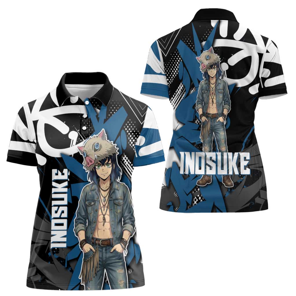 Hashibira Inosuke Demon Slayer Women Polo Shirt Blue & Black Graffiti Anime