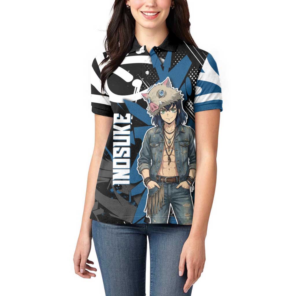 Hashibira Inosuke Demon Slayer Women Polo Shirt Blue & Black Graffiti Anime