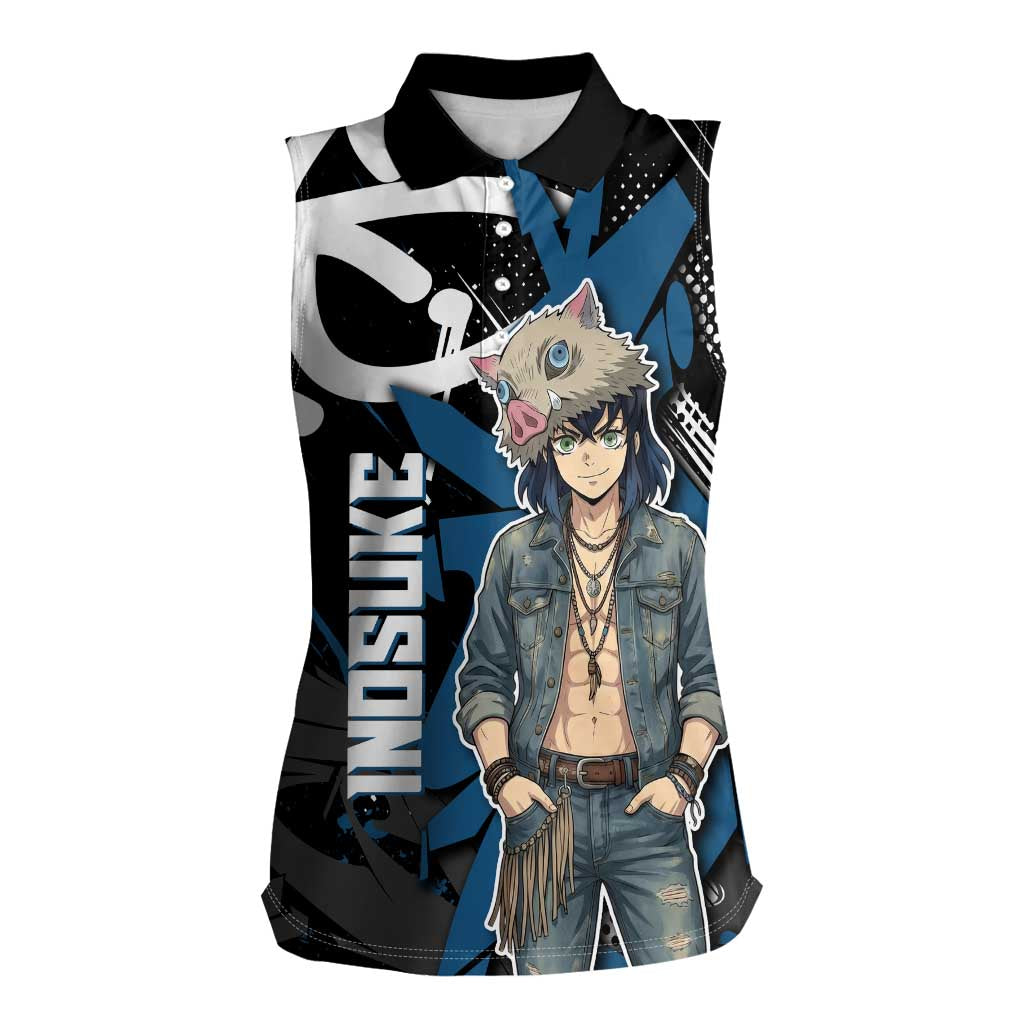 Hashibira Inosuke Demon Slayer Women Sleeveless Polo Shirt Blue & Black Graffiti Anime