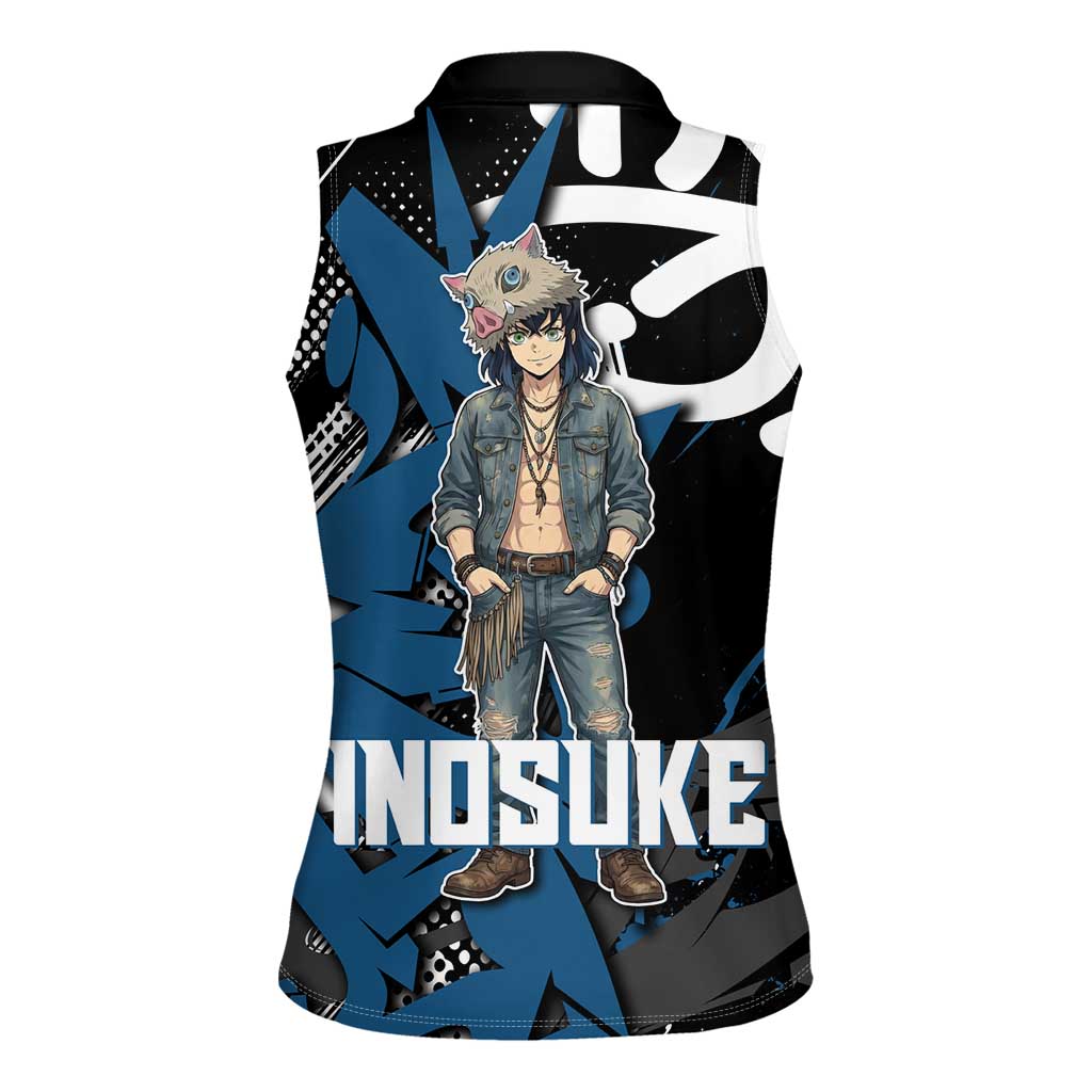 Hashibira Inosuke Demon Slayer Women Sleeveless Polo Shirt Blue & Black Graffiti Anime