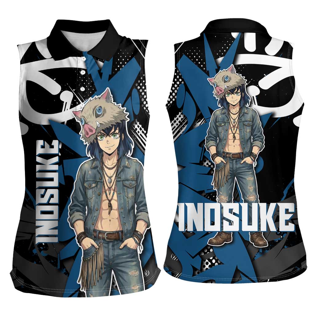Hashibira Inosuke Demon Slayer Women Sleeveless Polo Shirt Blue & Black Graffiti Anime