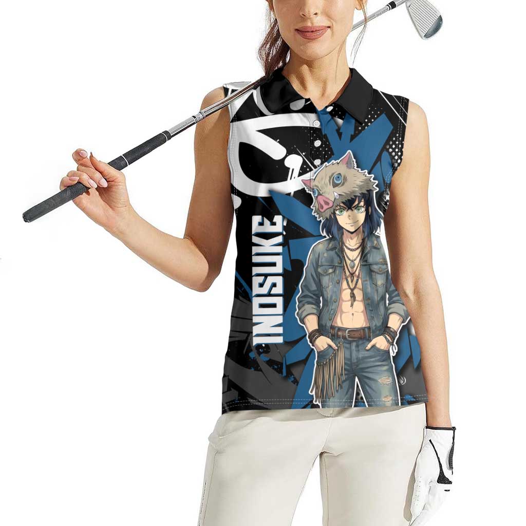 Hashibira Inosuke Demon Slayer Women Sleeveless Polo Shirt Blue & Black Graffiti Anime