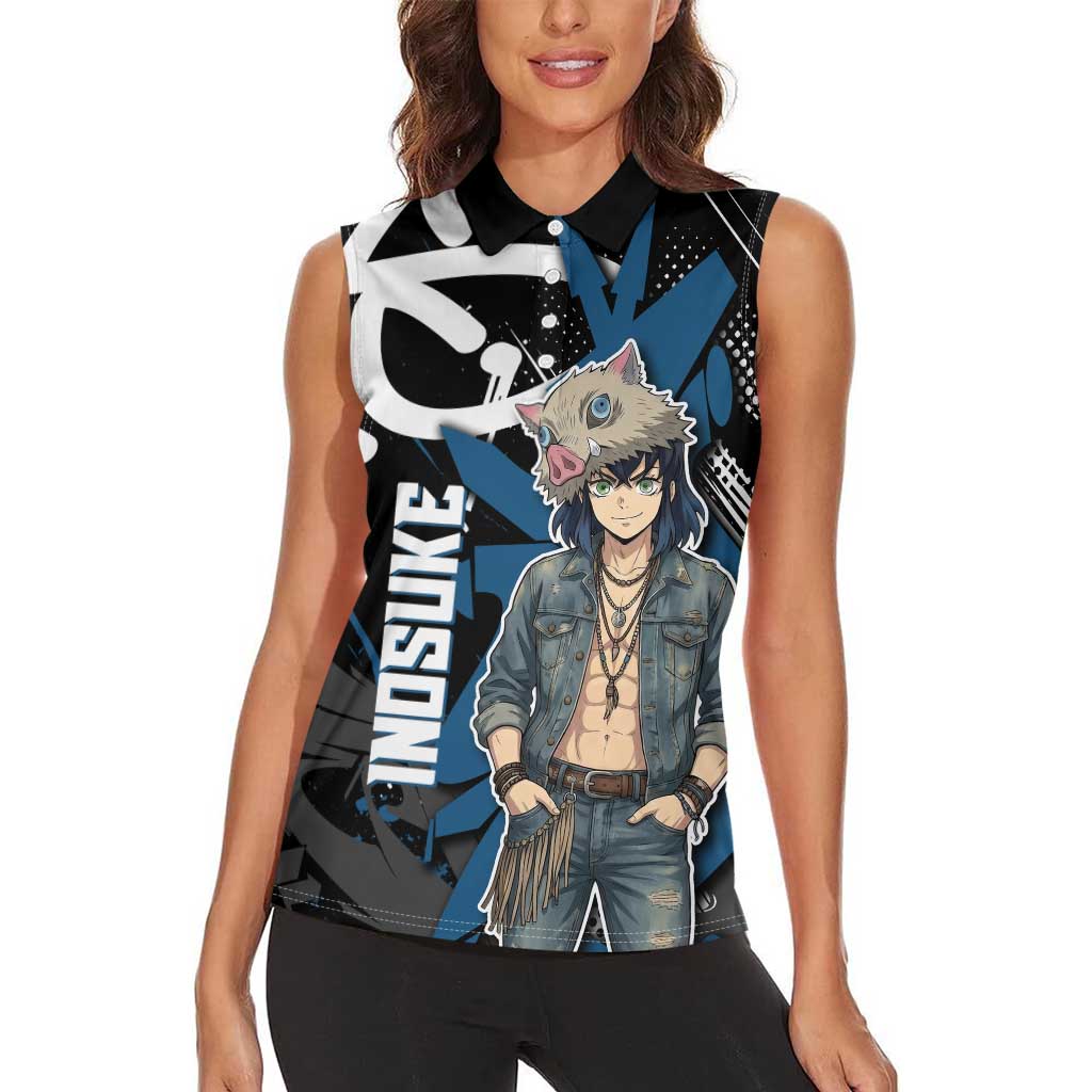 Hashibira Inosuke Demon Slayer Women Sleeveless Polo Shirt Blue & Black Graffiti Anime
