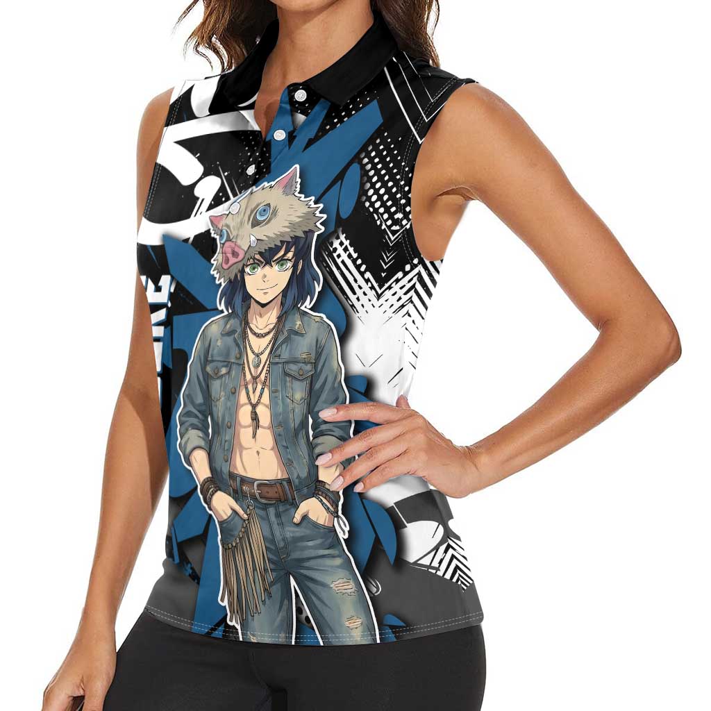 Hashibira Inosuke Demon Slayer Women Sleeveless Polo Shirt Blue & Black Graffiti Anime