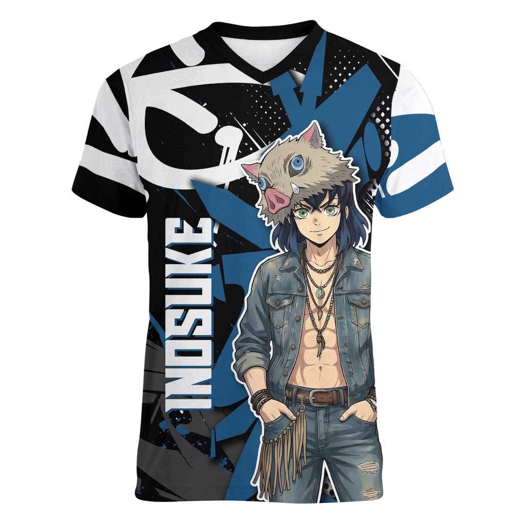Hashibira Inosuke Demon Slayer Women V-Neck T-Shirt Blue & Black Graffiti Anime