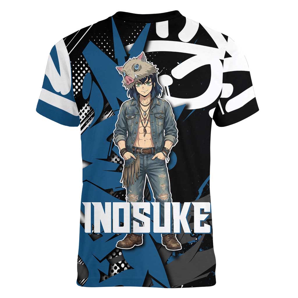 Hashibira Inosuke Demon Slayer Women V-Neck T-Shirt Blue & Black Graffiti Anime