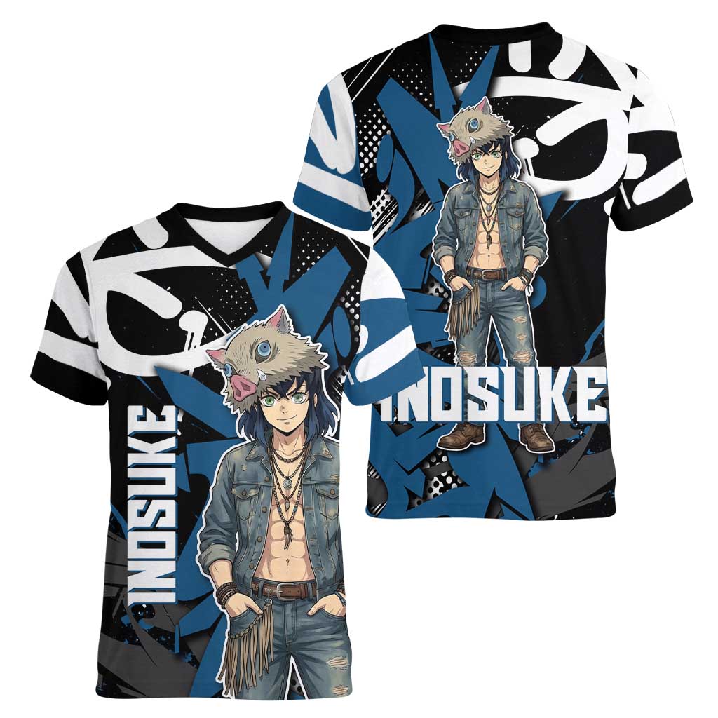 Hashibira Inosuke Demon Slayer Women V-Neck T-Shirt Blue & Black Graffiti Anime
