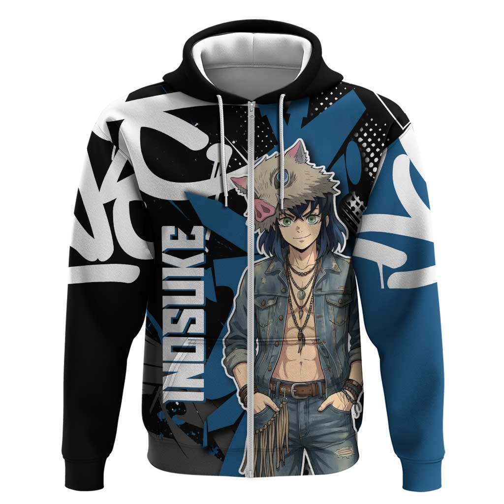 Hashibira Inosuke Demon Slayer Zip Hoodie Blue & Black Graffiti Anime
