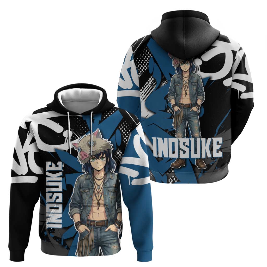 Hashibira Inosuke Demon Slayer Zip Hoodie Blue & Black Graffiti Anime