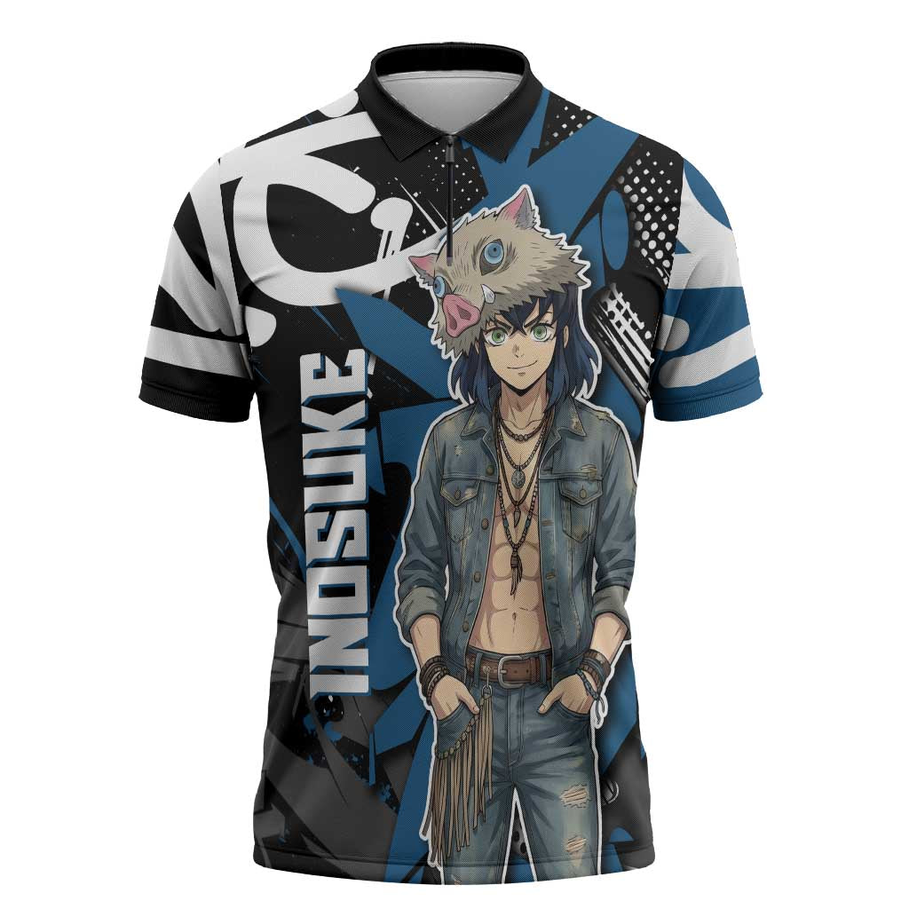 Hashibira Inosuke Demon Slayer Zipper Polo Shirt Blue & Black Graffiti Anime