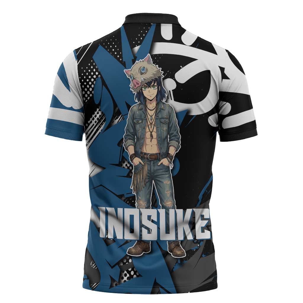 Hashibira Inosuke Demon Slayer Zipper Polo Shirt Blue & Black Graffiti Anime