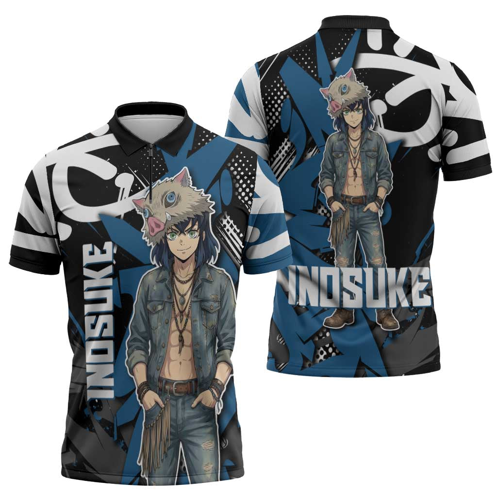 Hashibira Inosuke Demon Slayer Zipper Polo Shirt Blue & Black Graffiti Anime