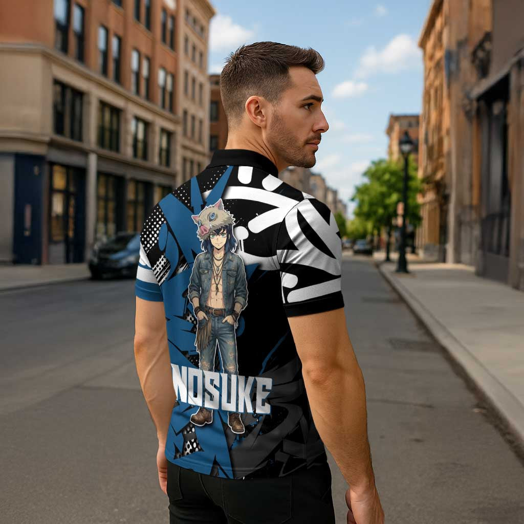 Hashibira Inosuke Demon Slayer Zipper Polo Shirt Blue & Black Graffiti Anime