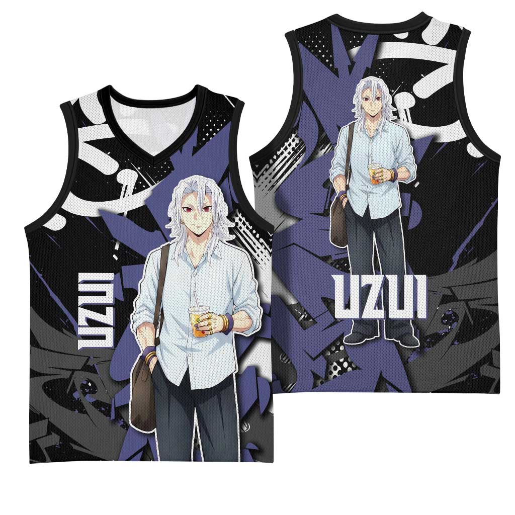 Uzui Tengen Demon Slayer Basketball Jersey Purple & Black Graffiti Anime