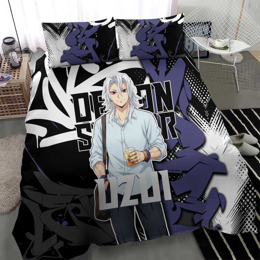 Uzui Tengen Demon Slayer Bedding Set Purple & Black Graffiti Anime