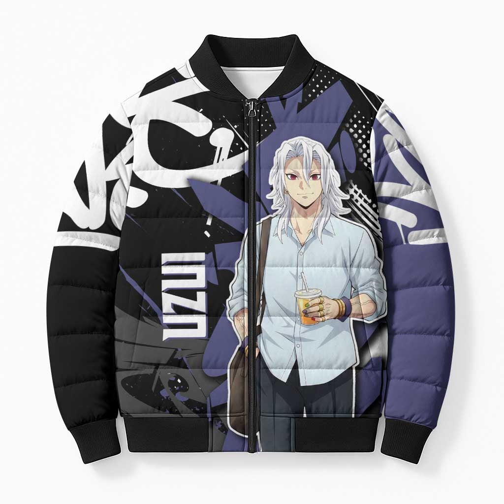 Uzui Tengen Demon Slayer Bomber Puffer Jacket Purple & Black Graffiti Anime