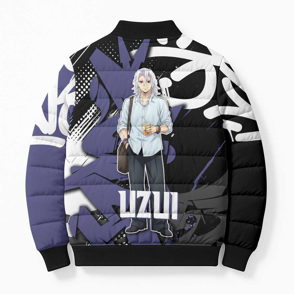 Uzui Tengen Demon Slayer Bomber Puffer Jacket Purple & Black Graffiti Anime