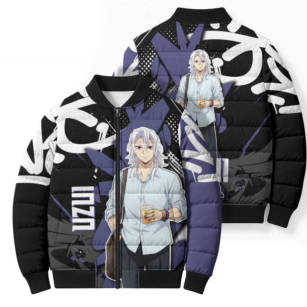 Uzui Tengen Demon Slayer Bomber Puffer Jacket Purple & Black Graffiti Anime
