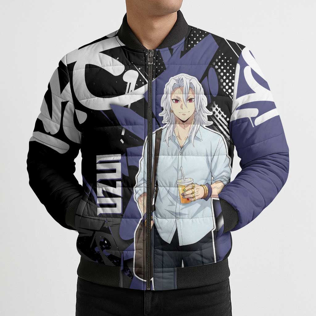 Uzui Tengen Demon Slayer Bomber Puffer Jacket Purple & Black Graffiti Anime