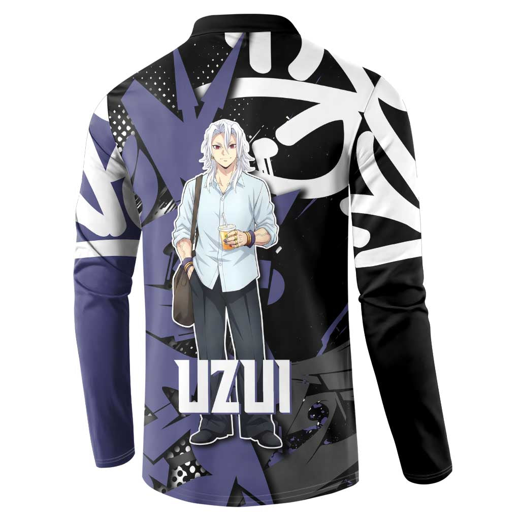 Uzui Tengen Demon Slayer Button Sweatshirt Purple & Black Graffiti Anime