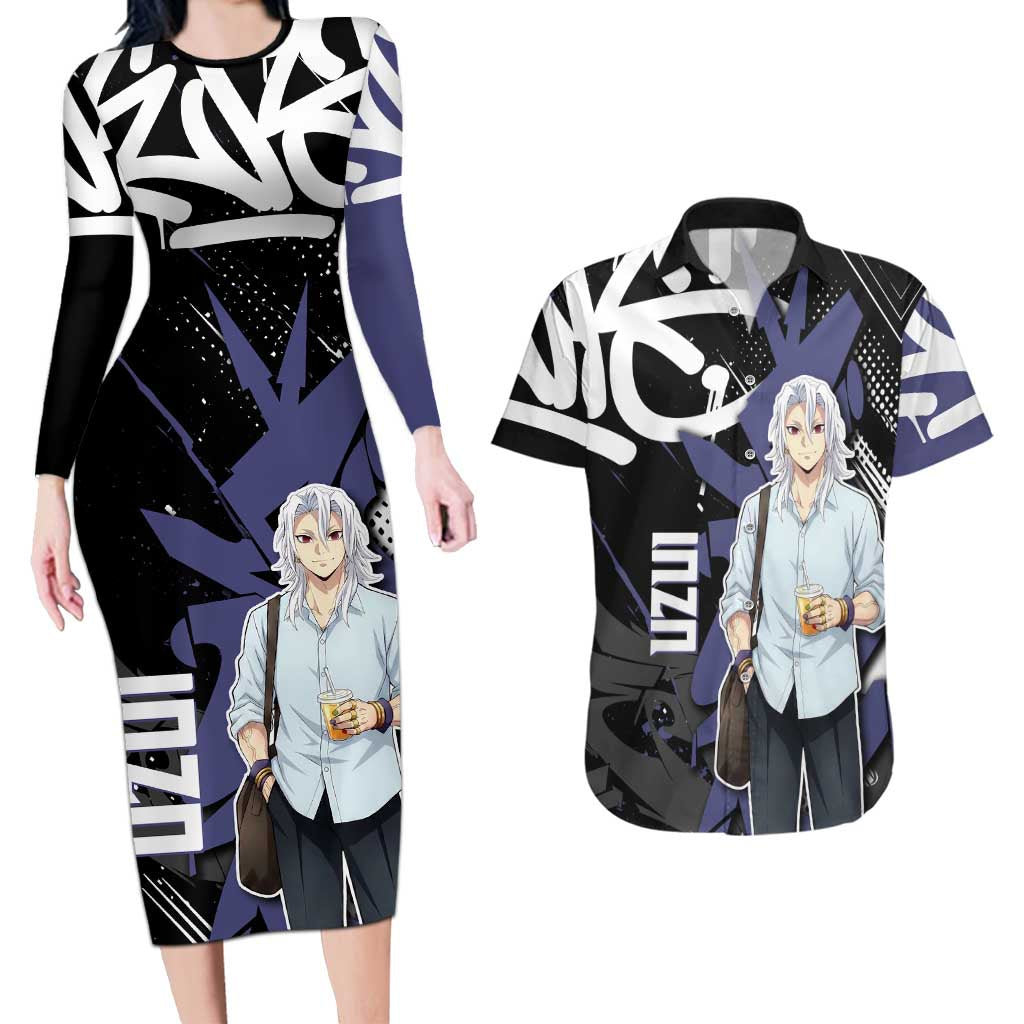 Uzui Tengen Demon Slayer Couples Matching Long Sleeve Bodycon Dress and Hawaiian Shirt Purple & Black Graffiti Anime