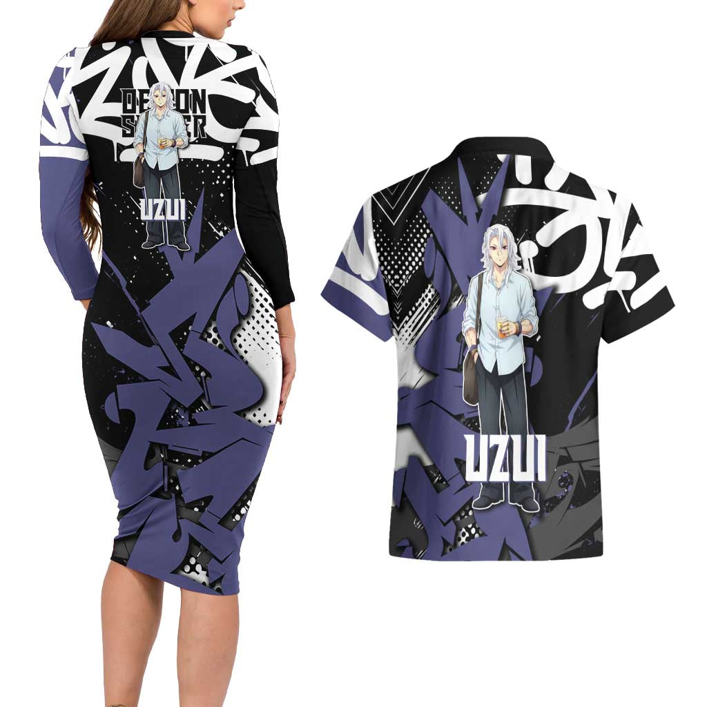 Uzui Tengen Demon Slayer Couples Matching Long Sleeve Bodycon Dress and Hawaiian Shirt Purple & Black Graffiti Anime