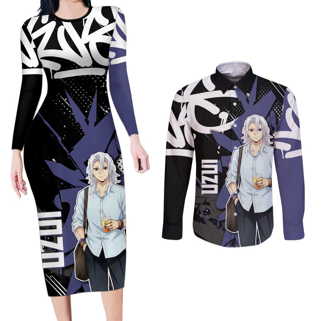 Uzui Tengen Demon Slayer Couples Matching Long Sleeve Bodycon Dress and Long Sleeve Button Shirt Purple & Black Graffiti Anime