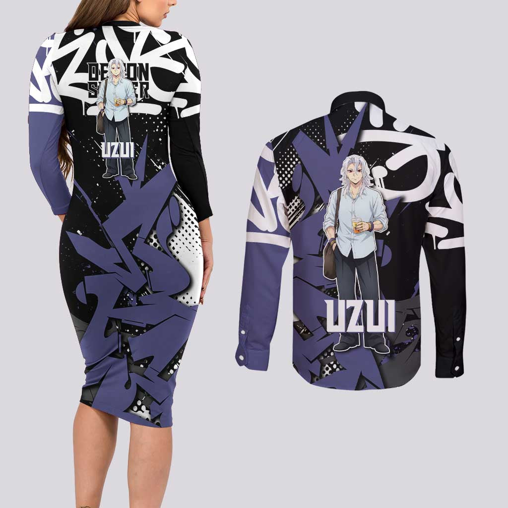 Uzui Tengen Demon Slayer Couples Matching Long Sleeve Bodycon Dress and Long Sleeve Button Shirt Purple & Black Graffiti Anime