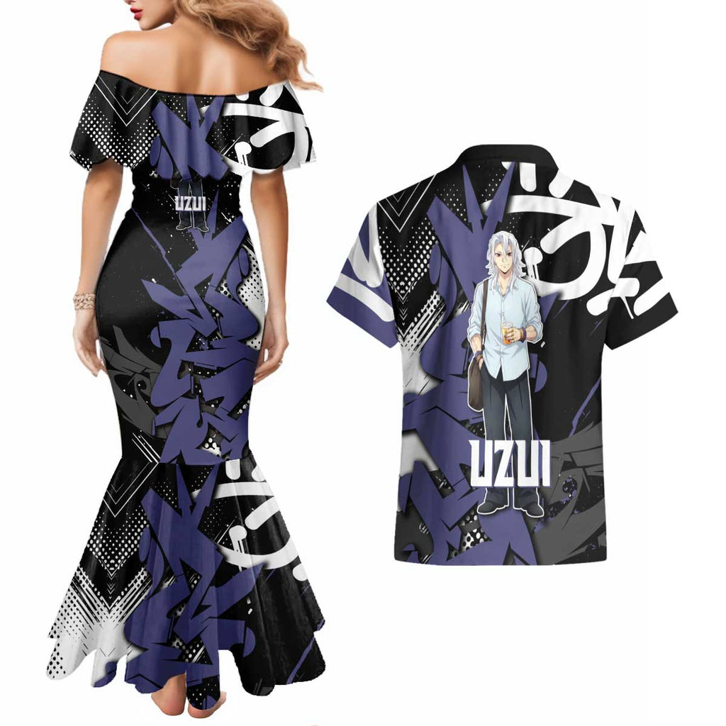 Uzui Tengen Demon Slayer Couples Matching Mermaid Dress and Hawaiian Shirt Purple & Black Graffiti Anime