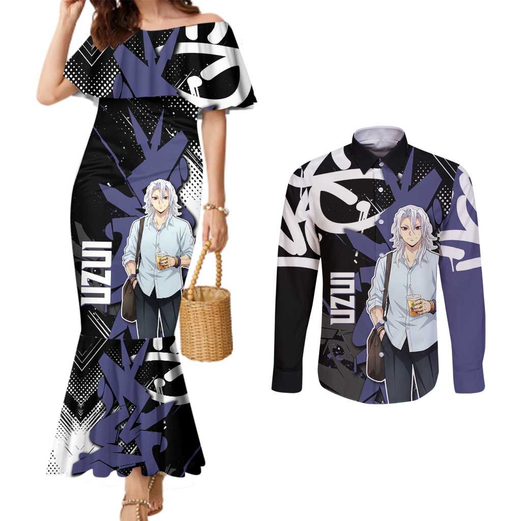 Uzui Tengen Demon Slayer Couples Matching Mermaid Dress and Long Sleeve Button Shirt Purple & Black Graffiti Anime
