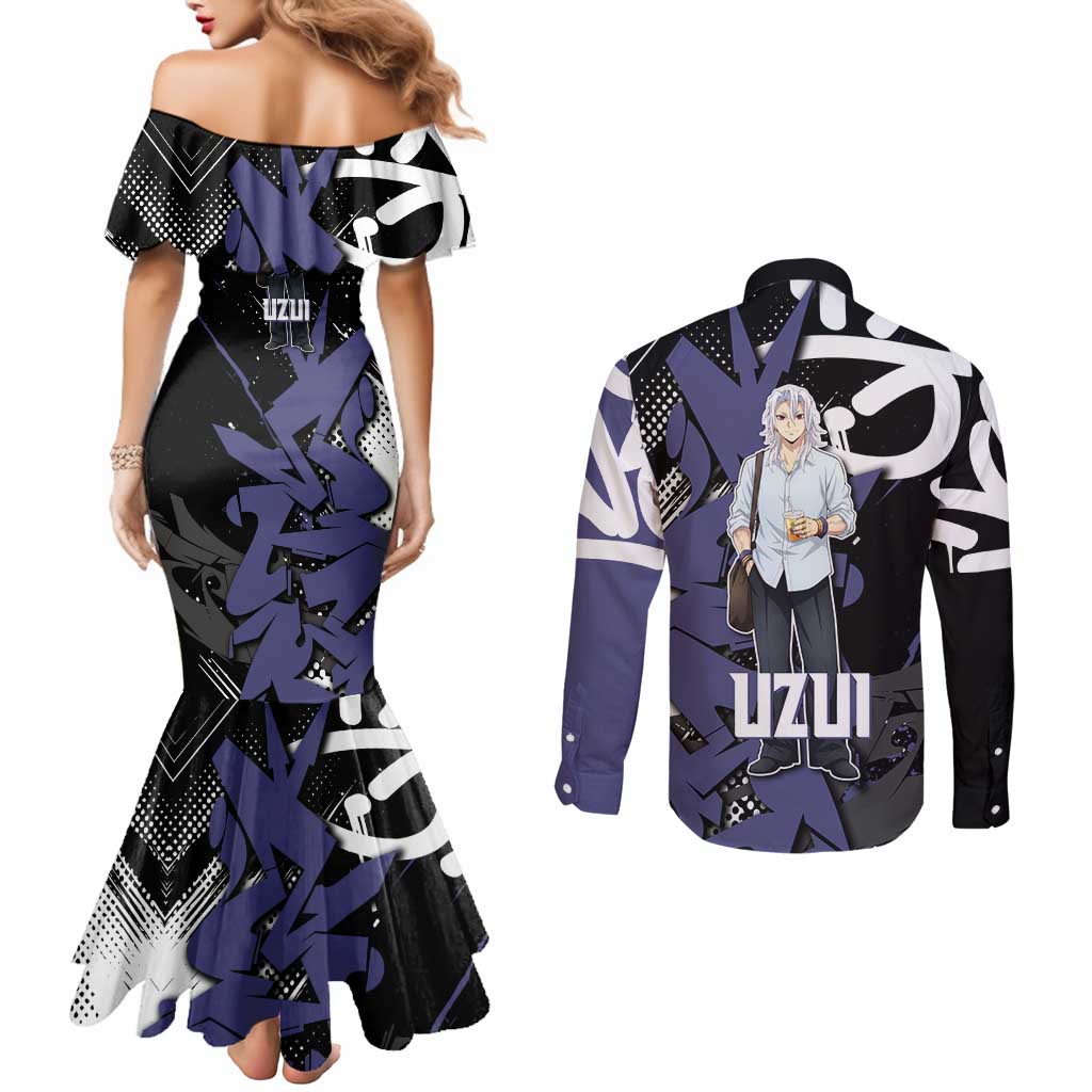 Uzui Tengen Demon Slayer Couples Matching Mermaid Dress and Long Sleeve Button Shirt Purple & Black Graffiti Anime