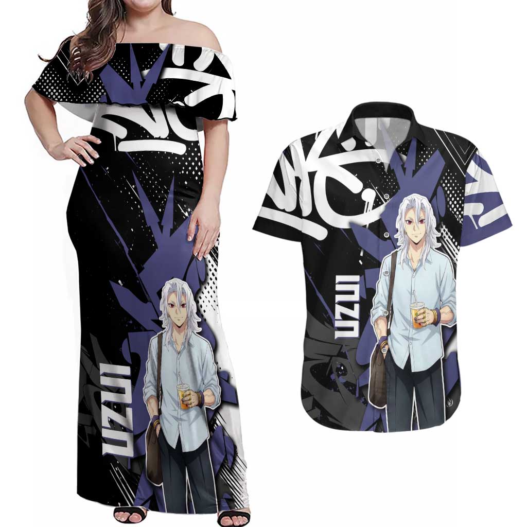 Uzui Tengen Demon Slayer Couples Matching Off Shoulder Maxi Dress and Hawaiian Shirt Purple & Black Graffiti Anime