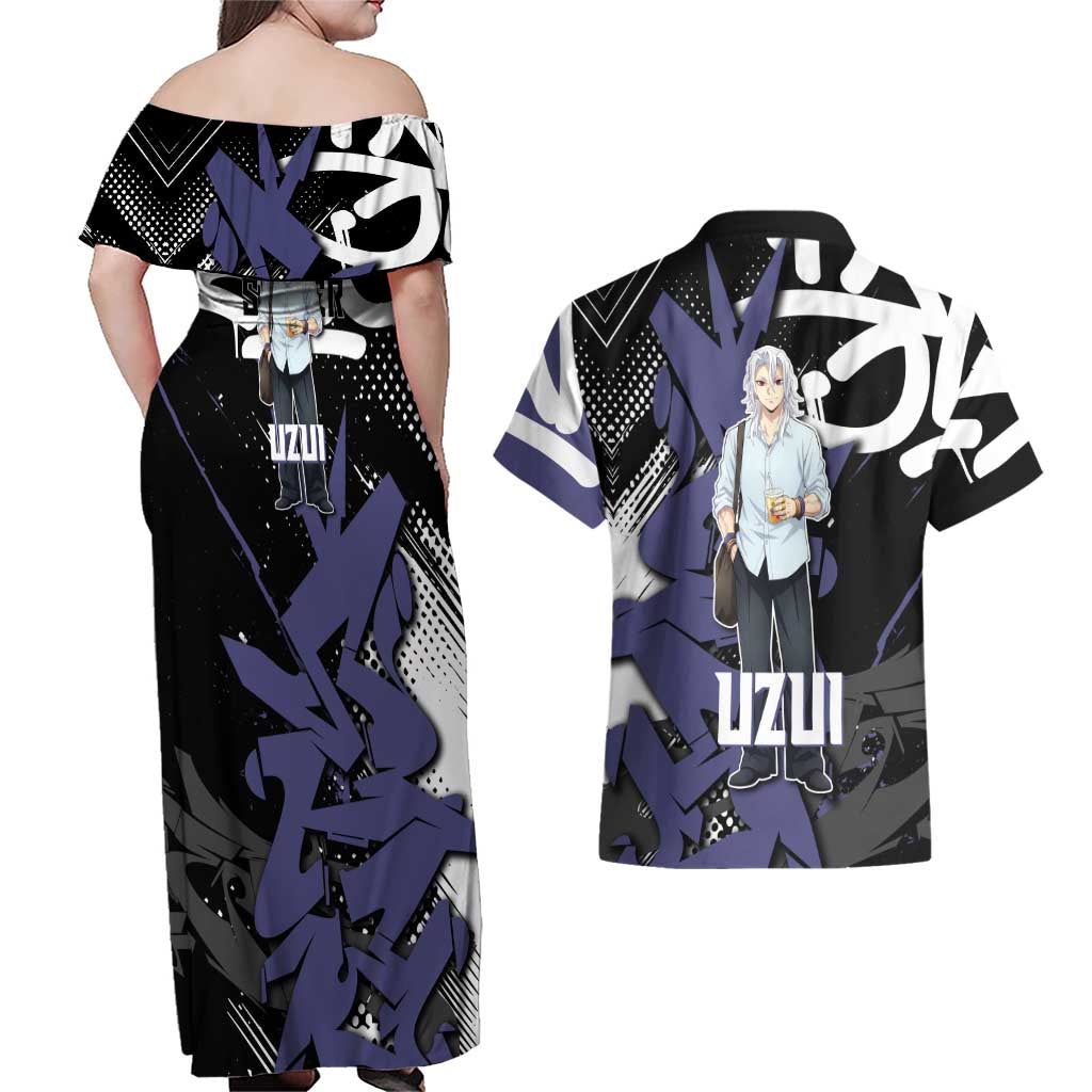 Uzui Tengen Demon Slayer Couples Matching Off Shoulder Maxi Dress and Hawaiian Shirt Purple & Black Graffiti Anime