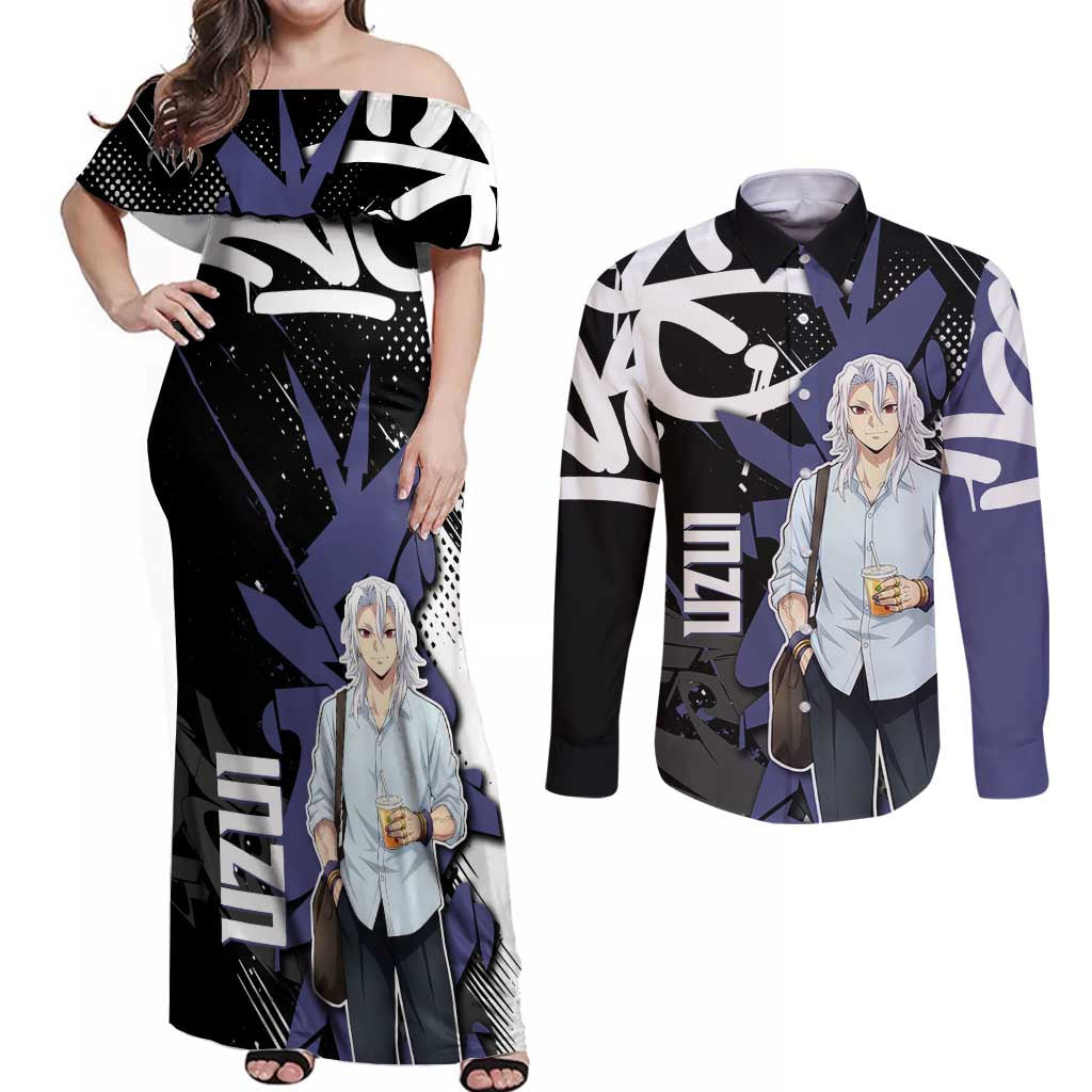 Uzui Tengen Demon Slayer Couples Matching Off Shoulder Maxi Dress and Long Sleeve Button Shirt Purple & Black Graffiti Anime