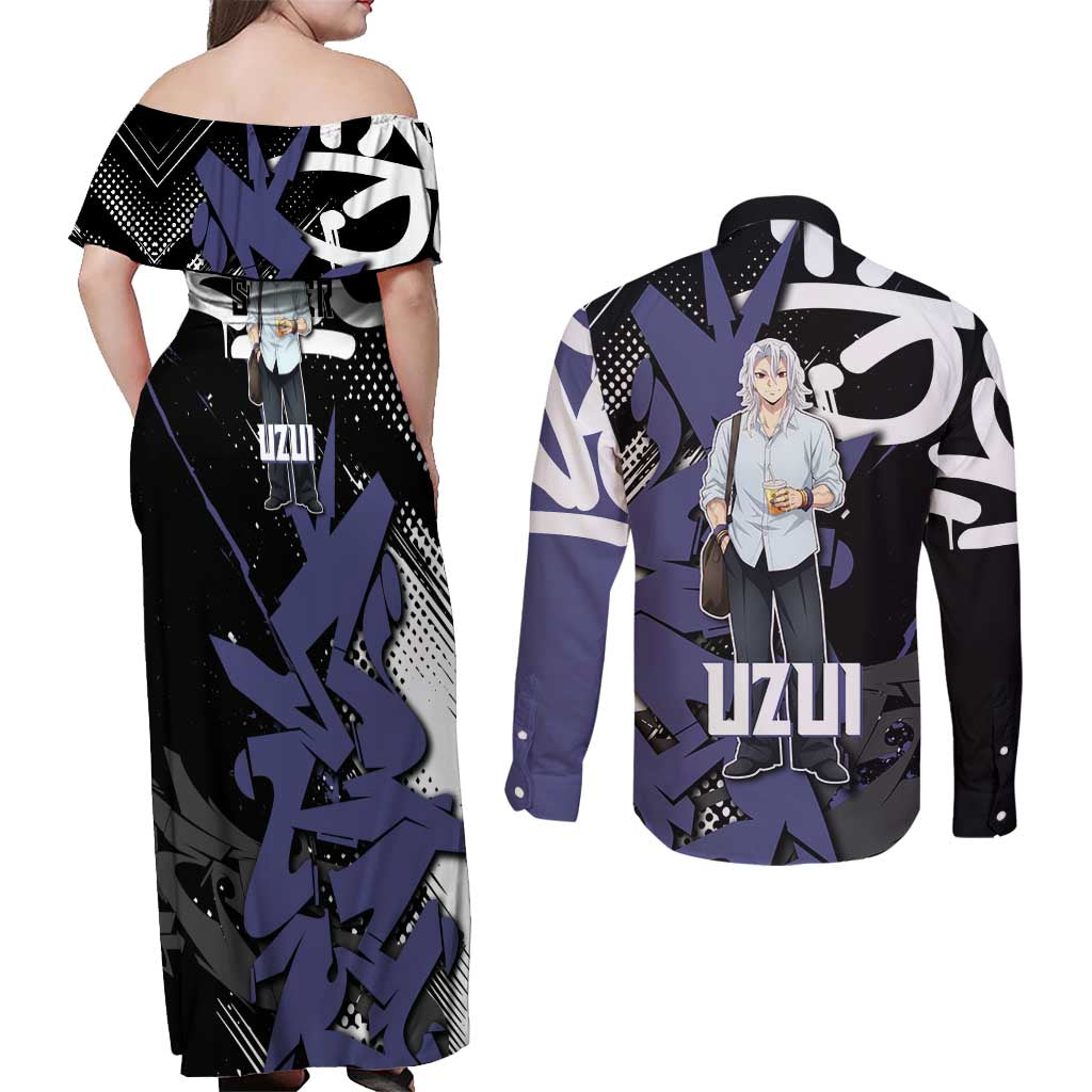 Uzui Tengen Demon Slayer Couples Matching Off Shoulder Maxi Dress and Long Sleeve Button Shirt Purple & Black Graffiti Anime