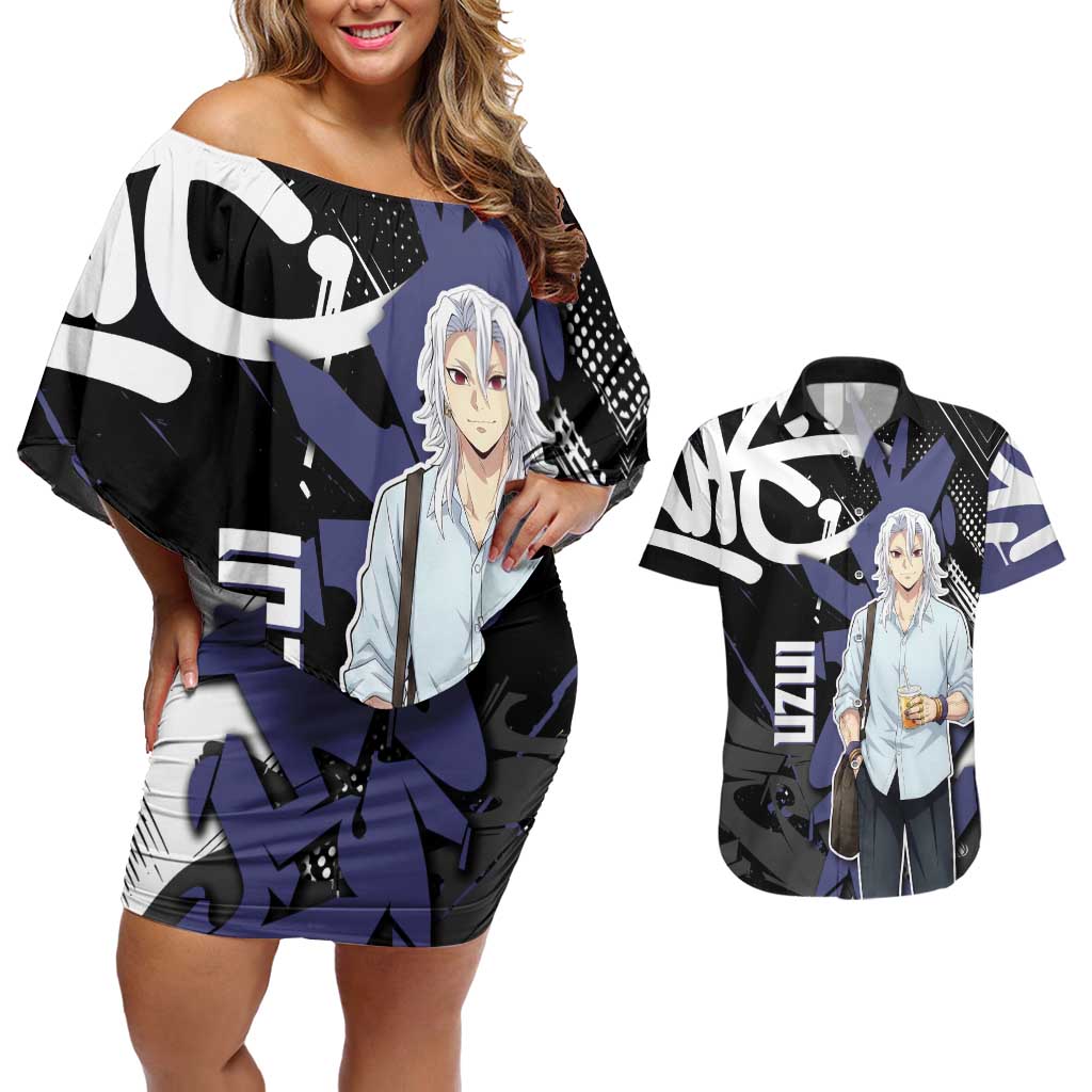 Uzui Tengen Demon Slayer Couples Matching Off Shoulder Short Dress and Hawaiian Shirt Purple & Black Graffiti Anime
