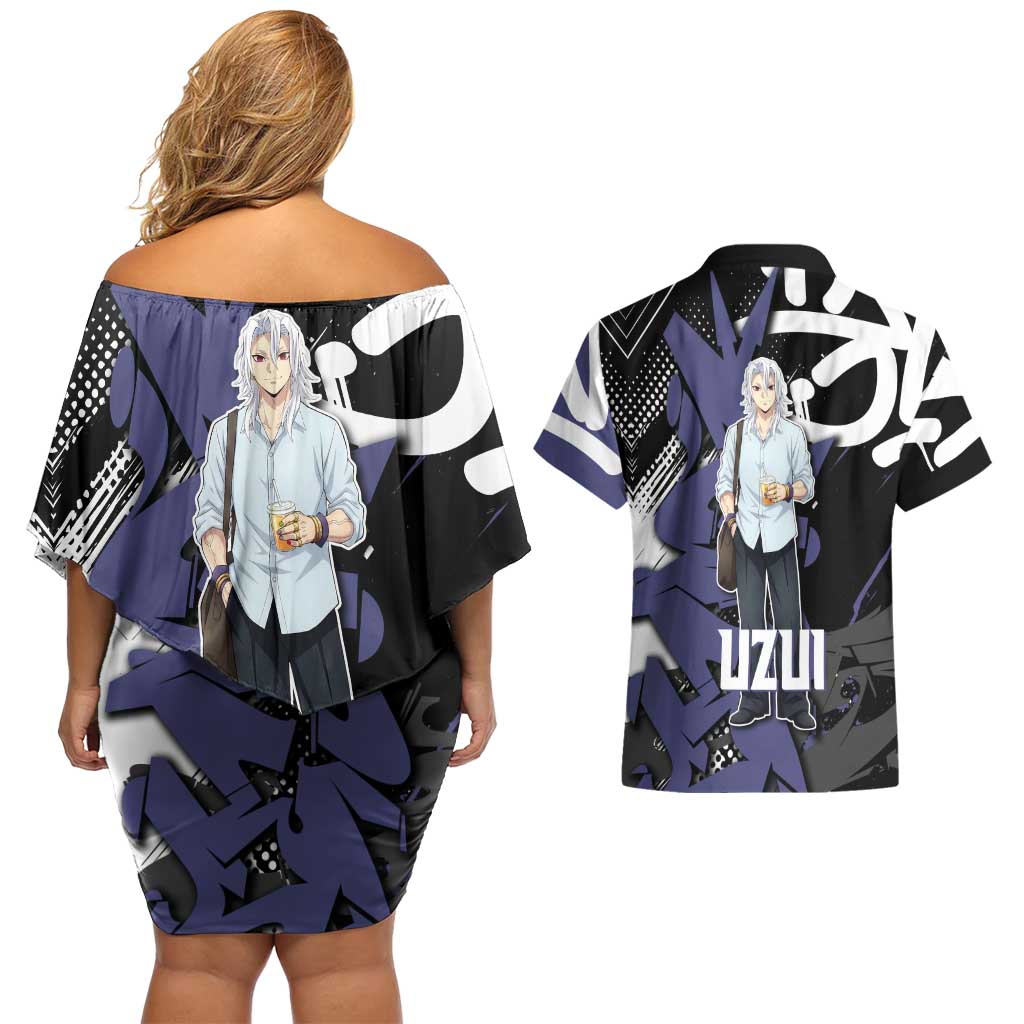 Uzui Tengen Demon Slayer Couples Matching Off Shoulder Short Dress and Hawaiian Shirt Purple & Black Graffiti Anime