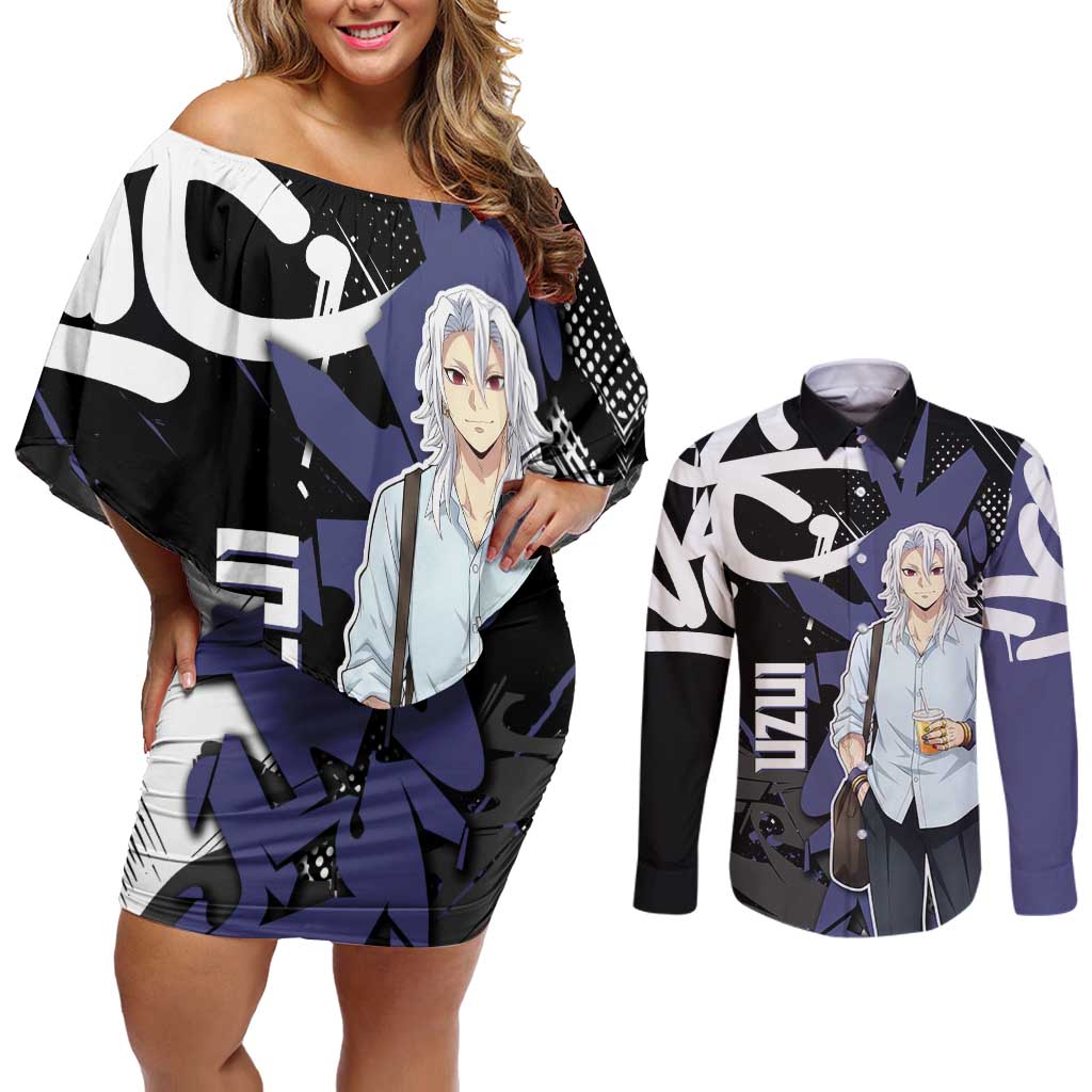 Uzui Tengen Demon Slayer Couples Matching Off Shoulder Short Dress and Long Sleeve Button Shirt Purple & Black Graffiti Anime