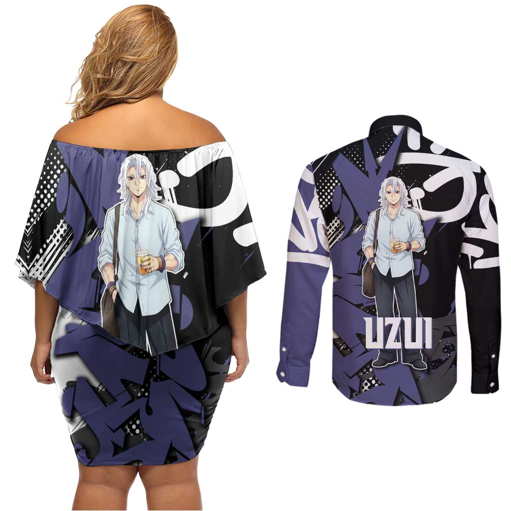 Uzui Tengen Demon Slayer Couples Matching Off Shoulder Short Dress and Long Sleeve Button Shirt Purple & Black Graffiti Anime